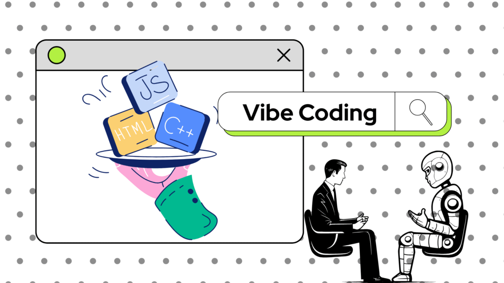 Uomo e robot collaborano per generare codice tramite Vibe Coding con intelligenza artificiale
